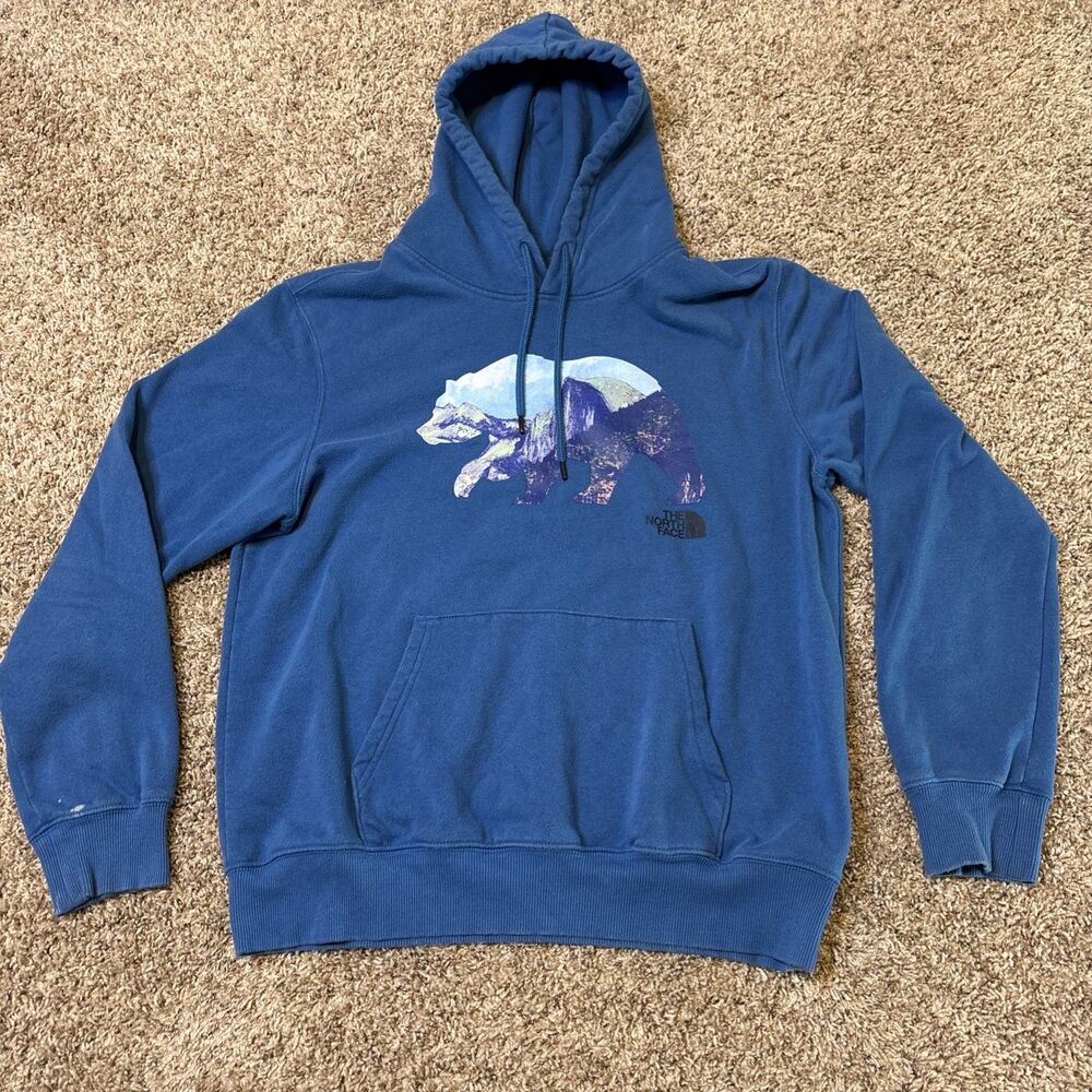 The North Face Hoodie Men's Medium Blue Pullover Big Bear Graphic Sweatshirt